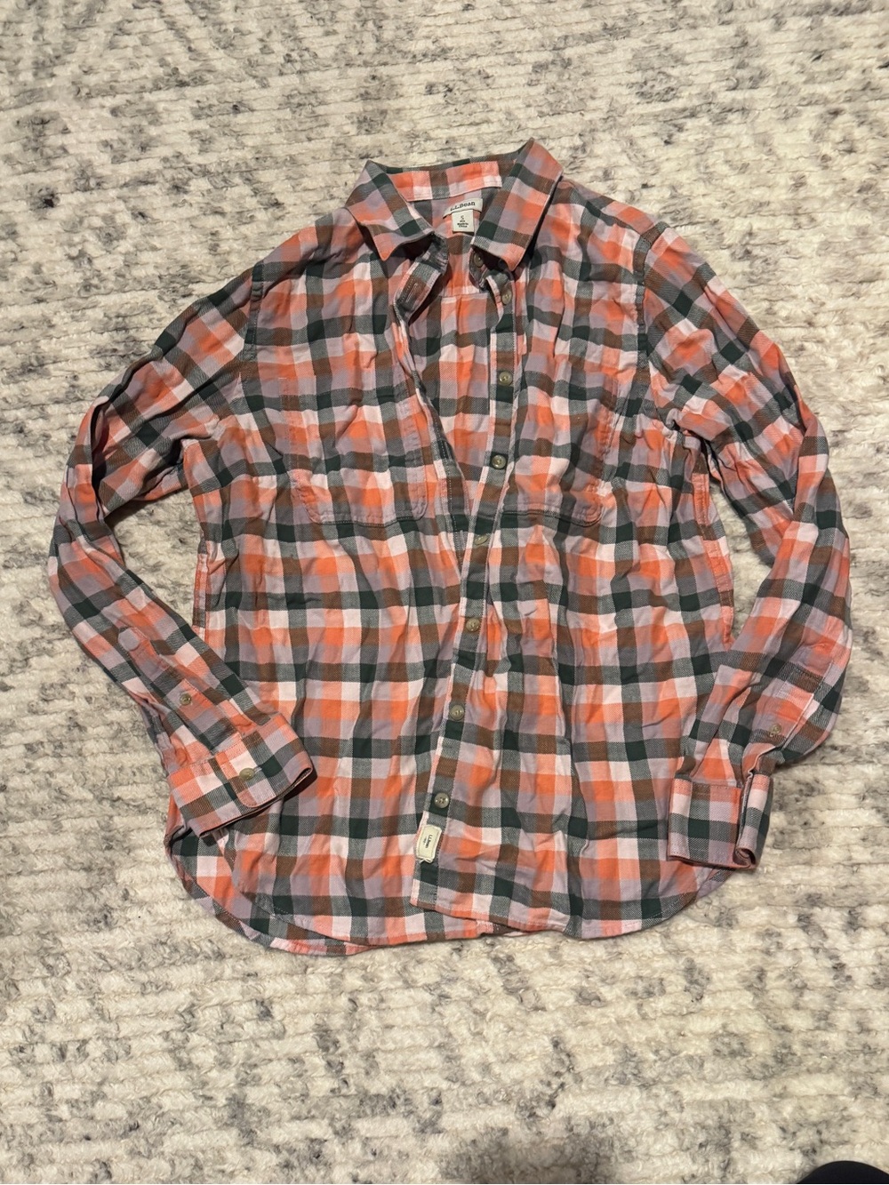 LL Bean Orange Green Plaid Flannel Cotton Shirt Buttondown Small